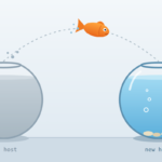 Goldfish jumping from the old host bowl into the new host bowl