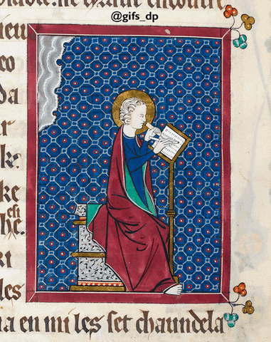 A medieval scribe copying a manuscript while an angel dictates