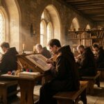 Medieval monks copying manuscripts by hand in a stone scriptorium lit by tall arched windows