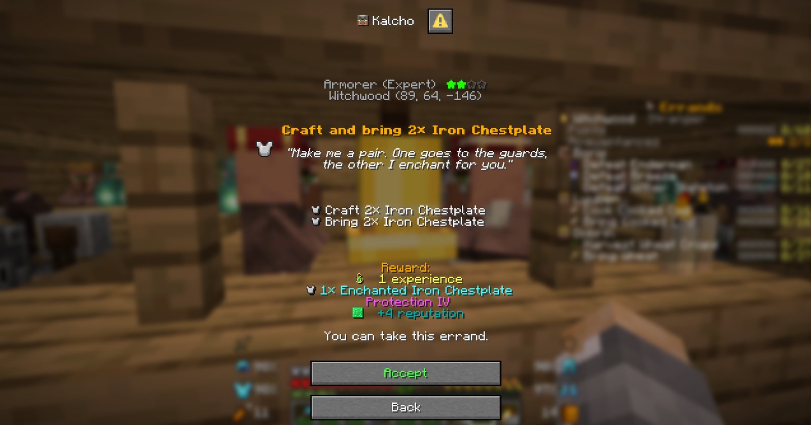 Kalcho the armorer wants two iron chestplates and gives one back enchanted