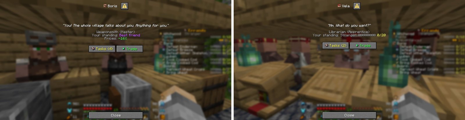 Two greetings from Minecraft villagers side by side: Boris the weaponsmith, a best friend, with 16% off, and Vela the librarian, who has never met you