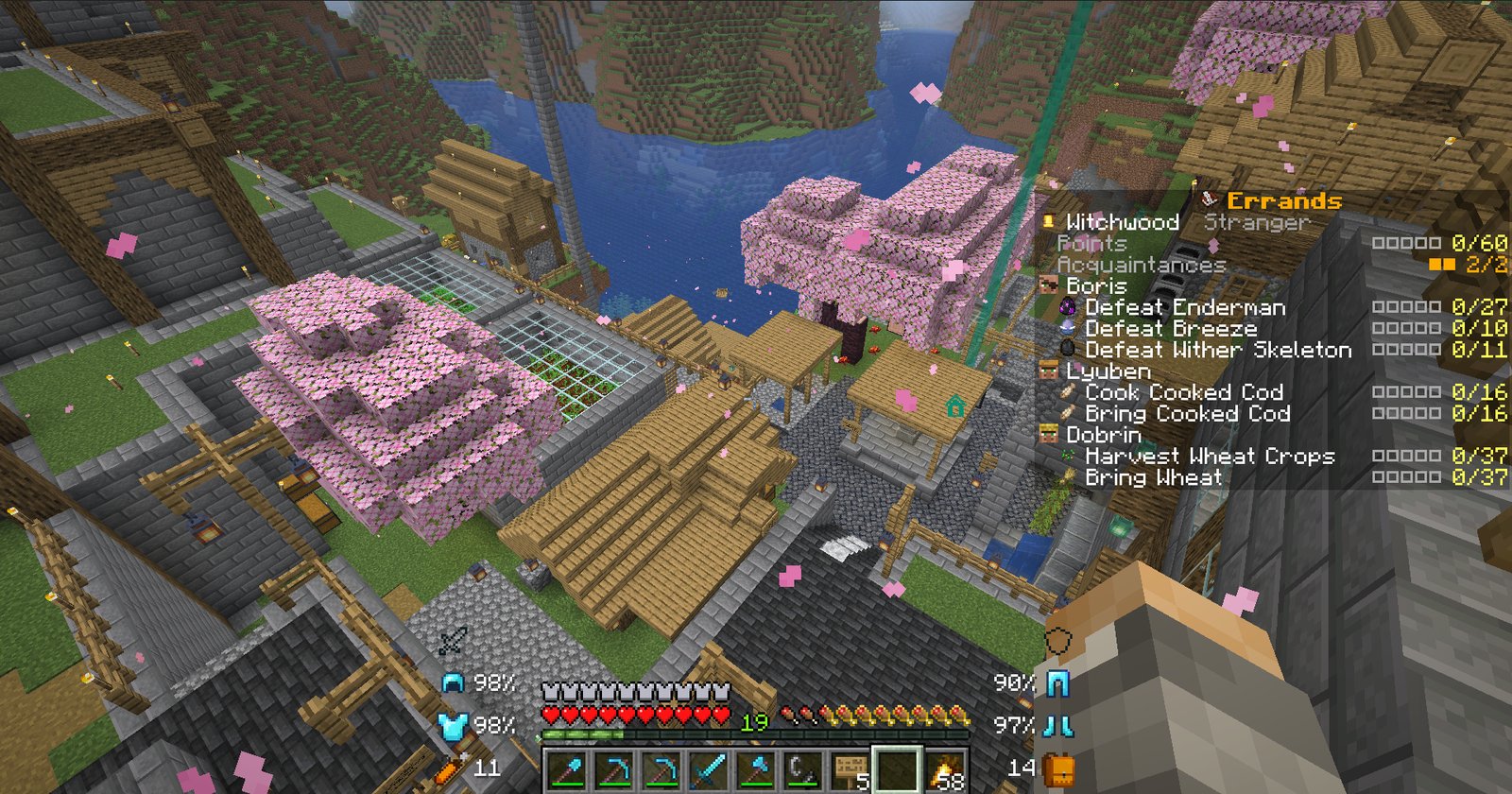 A Minecraft village from above with the Villagers Remember errand tracker on the right